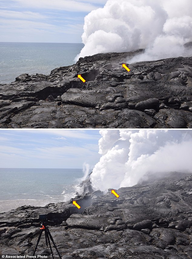 Video: Dòng dung nham núi lửa nổ tung khi trút xuống biển - 2
