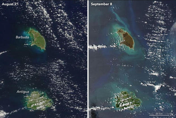Hai ảnh vệ tinh đã cho thấy sự khác biệt rõ rệt về tầm ảnh hưởng của siêu bão Irma. Ở bức ảnh bên trái chụp ngày 21/8 trước khi bão Irma đổ bộ, đảo Barbuda vẫn còn thấy rõ màu xanh của thực vật. Tuy nhiên sang bức ảnh bên phải chụp ngày 8/9, toàn bộ đảo này đã biến thành màu nâu do bị bão Irma tàn phá. Trong khi đó, đảo Antigua gần như không thay đổi màu sắc trong 2 bức ảnh do tâm bão Irma không quét qua hòn đảo này.
