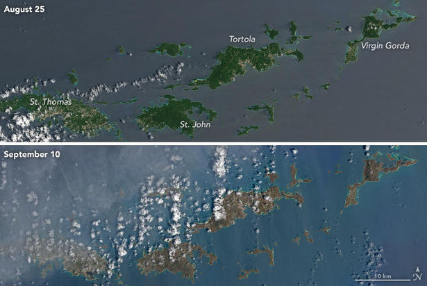 Hai ảnh vệ tinh chụp quần đảo Virgin ngày 25/8 và ngày 10/9 đã cho thấy sự thay đổi về màu sắc đáng kể khi bão Irma quét qua. Những cơn gió mạnh do siêu bão Irma gây ra đã “thổi bay” thảm thực vật tại Virgin, biến quần đảo này thành nơi chỉ còn trơ đất màu nâu.