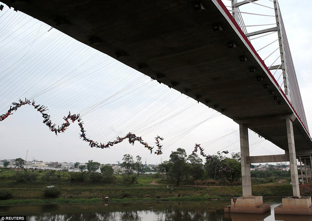 Đoạn video ghi lại cho thấy cảnh những người nhảy cầu đã đung đưa qua lại tự do trong không khí cho đến khi một số người rơi xuống nước và một số khác trèo lại lên cây cầu.