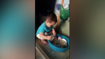 Bé trai 2 tuổi rửa bát 