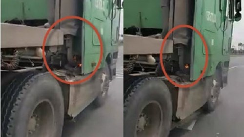 Rùng mình clip xe container cháy dưới đầu khi chạy trên cầu Nhật Tân
