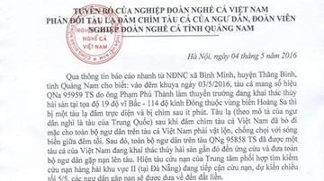 Phản đối tàu lạ đâm chìm tàu cá của ngư dân tỉnh Quảng Nam