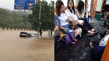 Đường ngập thành sông, xe buýt ‘bơi’ trong lũ