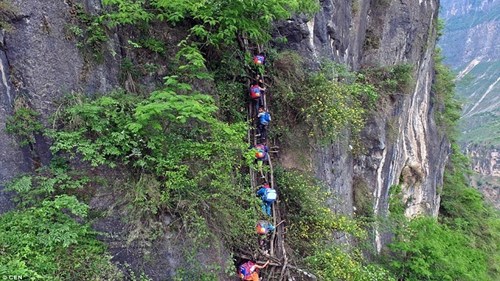 Trung Quốc: Hãi hùng cảnh học sinh leo vách đá dựng đứng đi học