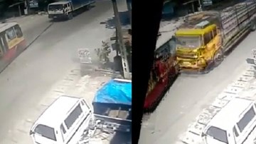Clip xe tải đâm nát sườn xe buýt, cán qua xe máy ở Thái Nguyên