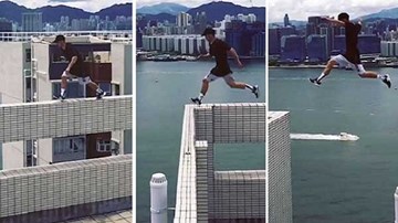 Nhảy qua nóc nhà 25 tầng không dây bảo hiểm