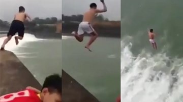 Nhóm thanh niên nhảy từ trên đập thủy điện cao 30m xuống dòng nước xiết