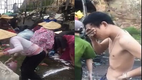 Tài xế bật khóc khi xe tải cùng hàng hóa bị cháy, người dân vẫn hôi của