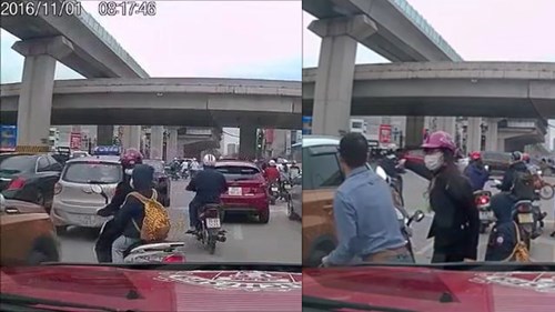 Mẹ đèo con tạt đầu ô tô bị ngã còn đập cửa la mắng chủ xe