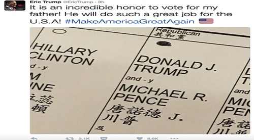 Con trai ông Trump có thể đã phạm luật vì đăng ảnh lá phiếu