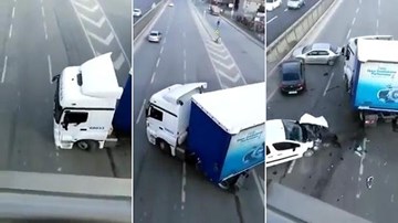 Xe tải 'khủng' quay đầu giữa đường khiến 3 xe con đâm nhau 'loảng xoảng'