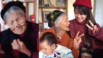 Bà ngoại 97 tuổi lấy quần lau mặt khi quay video xì tin cùng cháu gái