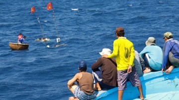 Ngư dân gắn lá cờ đỏ sao vàng trên phao lưới