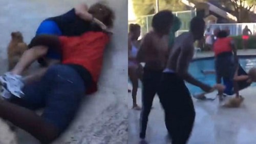 Nhóm thanh niên cười cợt, ném người đáng tuổi bà xuống hồ bơi