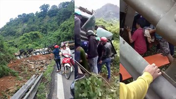 Giải cứu tài xế mắc kẹt trong chiếc xe lật chênh vênh trên đèo