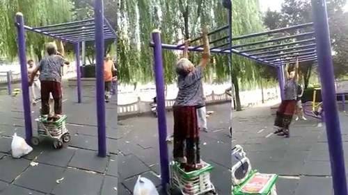 Cụ bà đi không vững nhưng đu xà vẫn rất dẻo dai