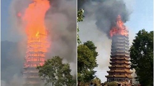 Tòa tháp cổ bằng gỗ cao nhất châu Á bốc cháy như ngọn đuốc khổng lồ