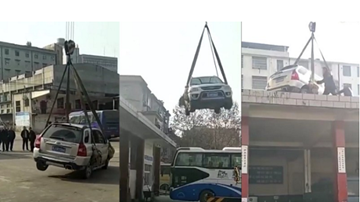 Nghênh ngang đỗ giữa trạm xe buýt, ô tô bị cẩu thẳng lên mái nhà