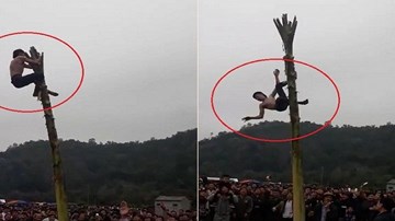 Nam thanh niên rơi từ ngọn chuối xuống đất trong lễ hội xuân