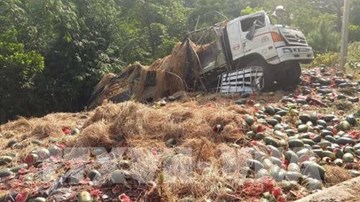 Xe tải chở hơn 1,5 tấn dưa hấu lật thảm khốc trên đèo Tà Cơn