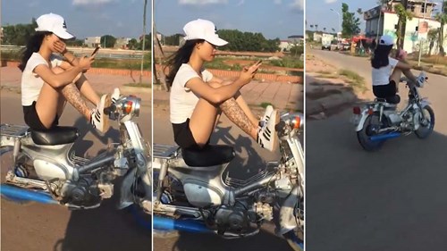 Cô gái ‘cần tìm đối thủ’ chạy xe bằng chân, tay bấm điện thoại gây sốt