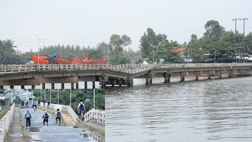 Học sinh liều mình qua cầu sụt lún gần nửa mét