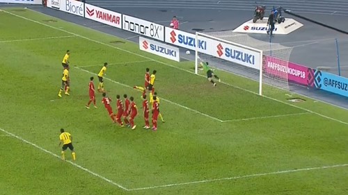 Safawi Rasid sút phạt hiểm hóc ghi bàn thắng gỡ hòa 2-2 cho Malaysia