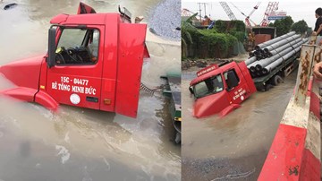 Hà Nội: Xe Container bất ngờ sập ‘hố tử thần’ gây vỡ đường ống nước sạch