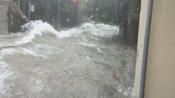 Mưa lớn ở Nghệ An, nước chảy cuồn cuộn như sóng trên đường