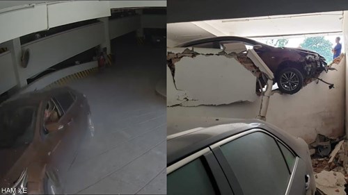 Khoảnh khắc ô tô 'lấy đà' đâm đổ tường của hầm gửi xe tại Hà Nội