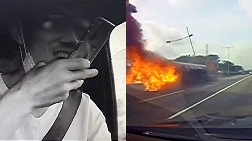 Mải điện thoại, xe bồn mất lái khiến thùng dầu văng xuống đường bốc cháy