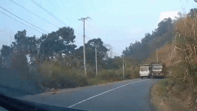 Xe ben vượt ẩu trên đường hẹp, suýt tông trực diện ô tô ngược chiều