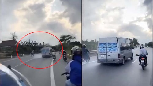 Nhóm thanh niên đi xe máy truy đuổi và ném đá xe khách bị xịt lốp