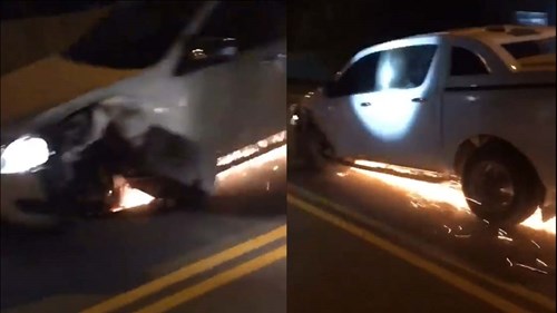 Chạy trốn CSGT, xe bán tải bể bánh vẫn chạy tóe lửa trên đường