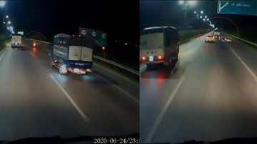 Xe tải chuyển làn bất ngờ, húc bay xe máy rồi bỏ chạy