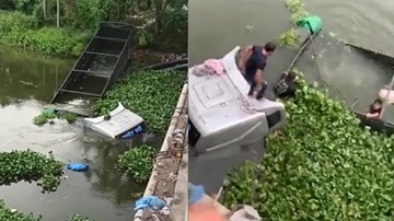 Xe đầu kéo lao xuống sông Cẩm Giàng, tài xế và phụ xe thoát chết