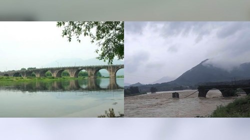 Nước lũ chảy xiết cuốn trôi cây cầu gần 500 năm tuổi ở Trung Quốc