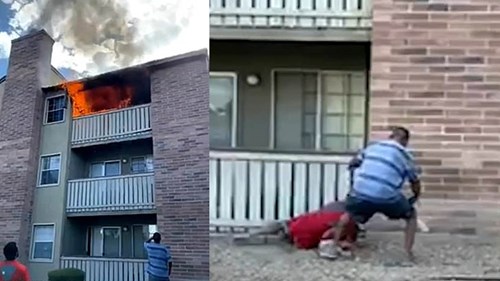 Khoảnh khắc người hàng xóm đỡ bé trai 3 tuổi rơi từ ngôi nhà đang cháy