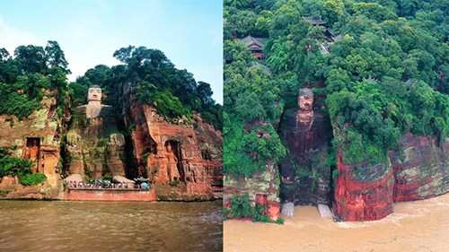 Tứ Xuyên tơi tả trong lũ, nước sông tràn lên tượng phật khổng lồ ở Lạc Sơn
