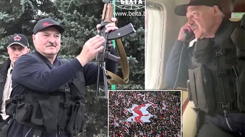 TT Belarus mặc áo chống đạn, cầm súng, bay trên biển người biểu tình