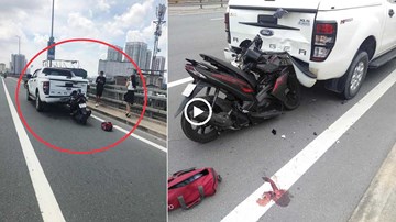 Xe máy tông đuôi xe bán tải dừng đỗ trên cầu Nhật Tân, ai đúng ai sai?