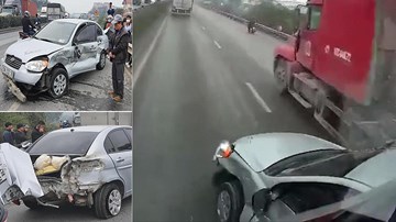 Chuyển làn ẩu, xe con bị xe ben tông xoay 180 độ trên QL5