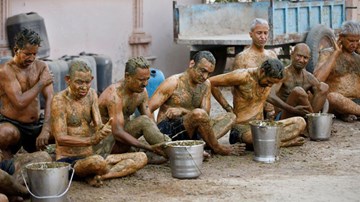 Cận cảnh dân Ấn Độ tắm phân bò để phòng và chữa Covid-19