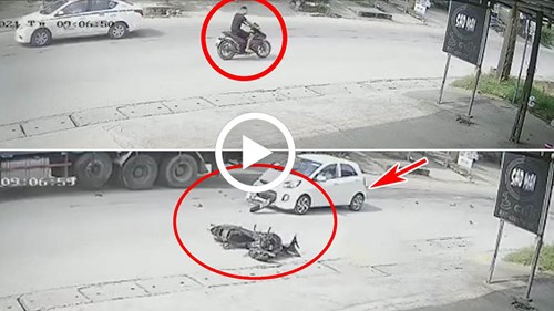 Cố vượt xe tải lớn, ô tô con húc bay nam thanh niên đi xe máy