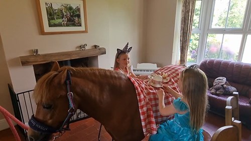 Chú ngựa vui vẻ làm bàn cho 2 cô bé tổ chức tiệc trà trên lưng