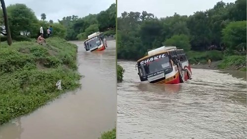 Hành khách la hét trên chiếc xe buýt bị dòng nước lũ cuốn trôi